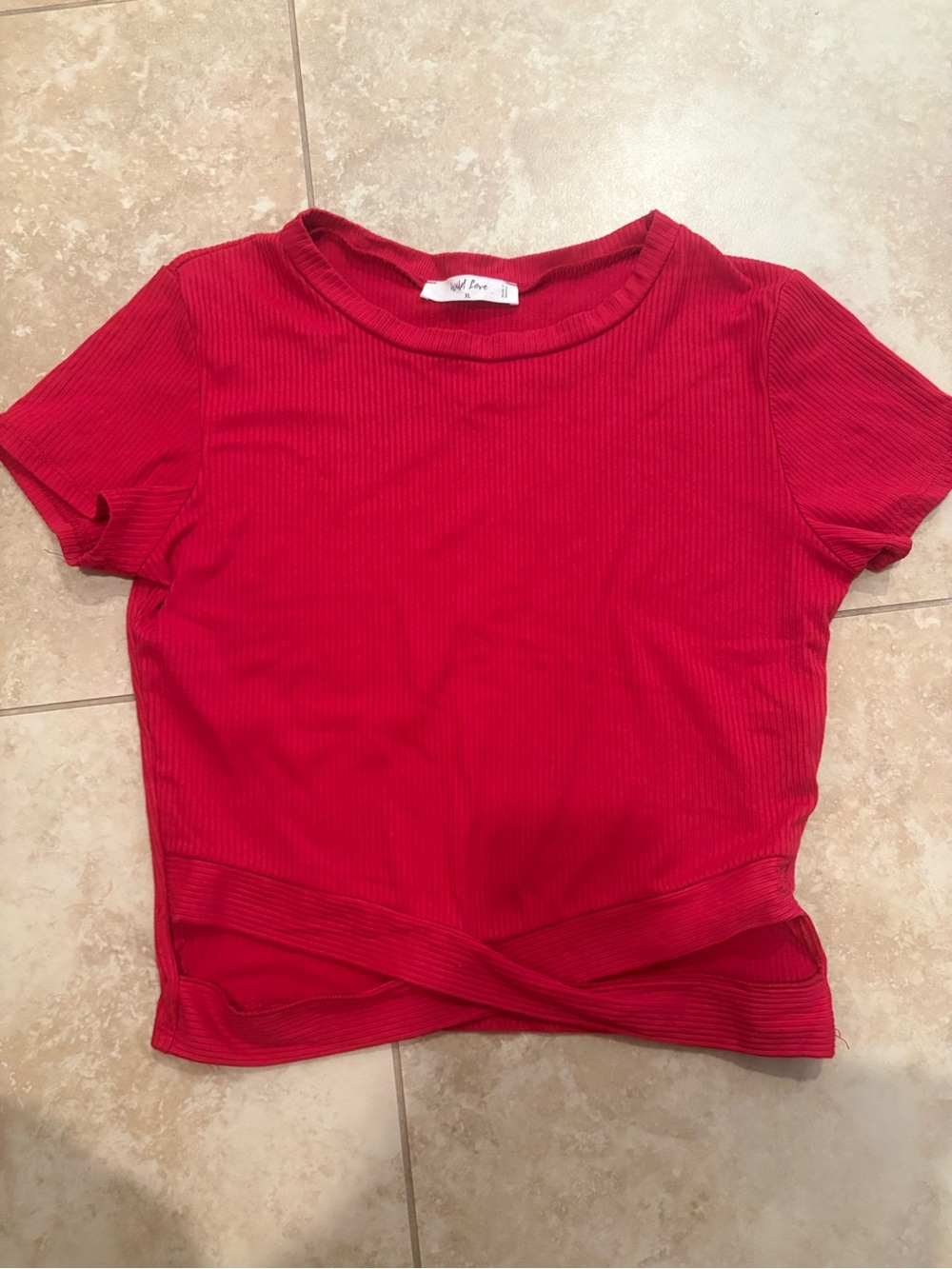 Red Ribbed Short Sleeve Twist-Hem Crop Top